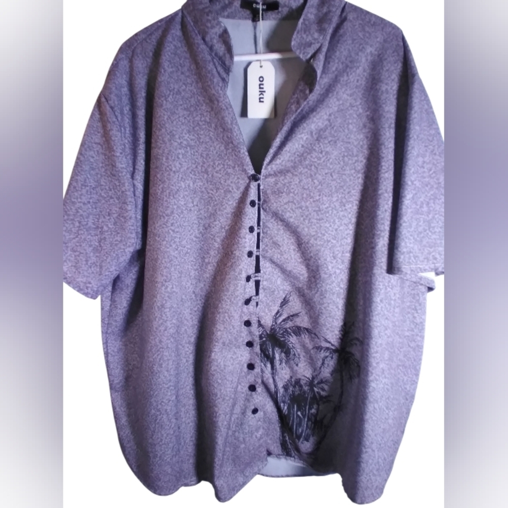 NWT Ouku Button-Up Shirt with Palm Tree Design Purple Womens Size 3X Business